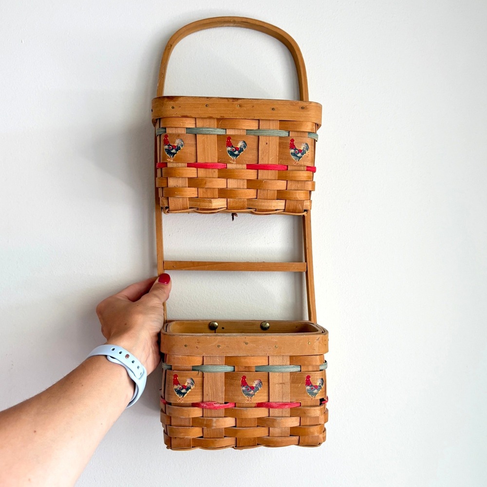 Vintage Farmhouse Tiered Rooster Wall Hanging Woven Wood Basket Organizer